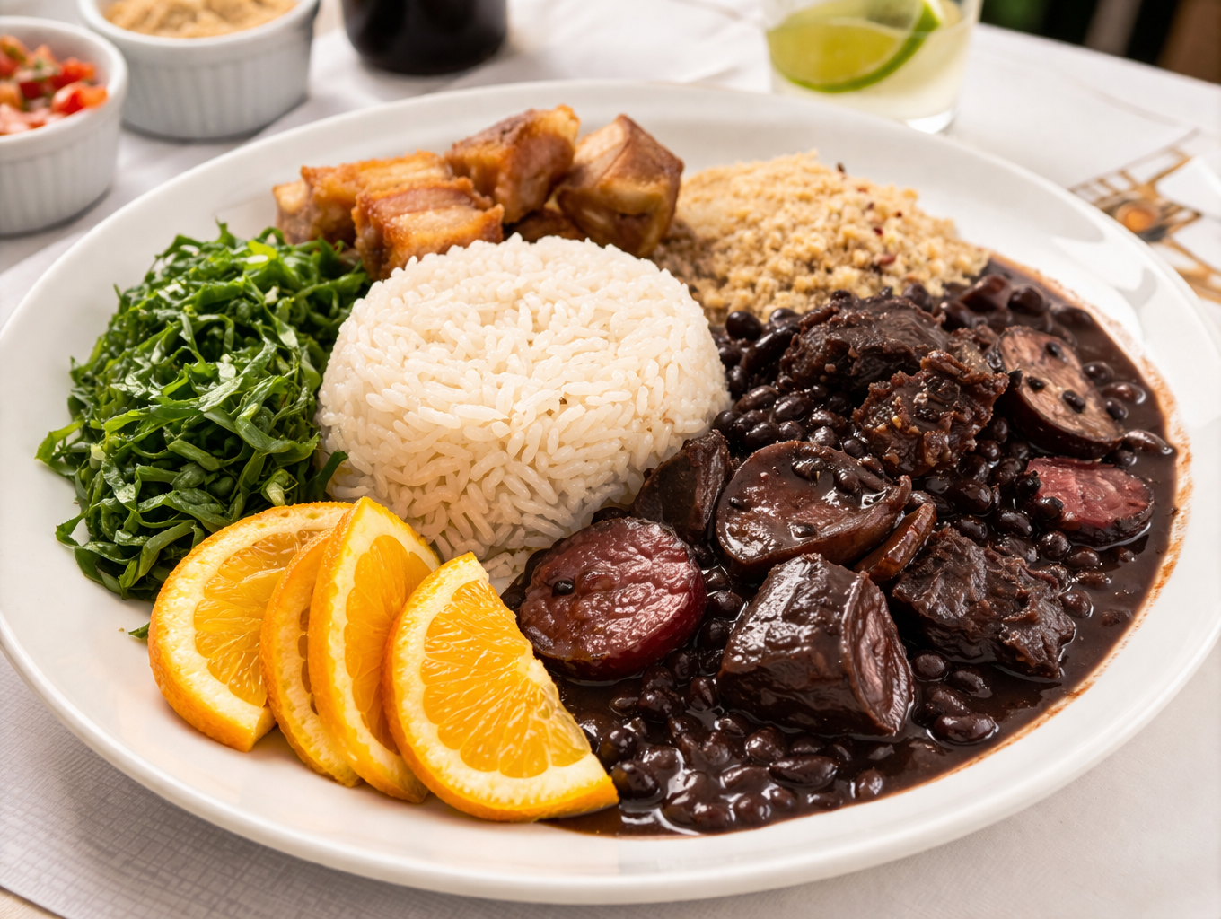 Feijoada completa com arroz, couve, farofa, torresmo e laranja
