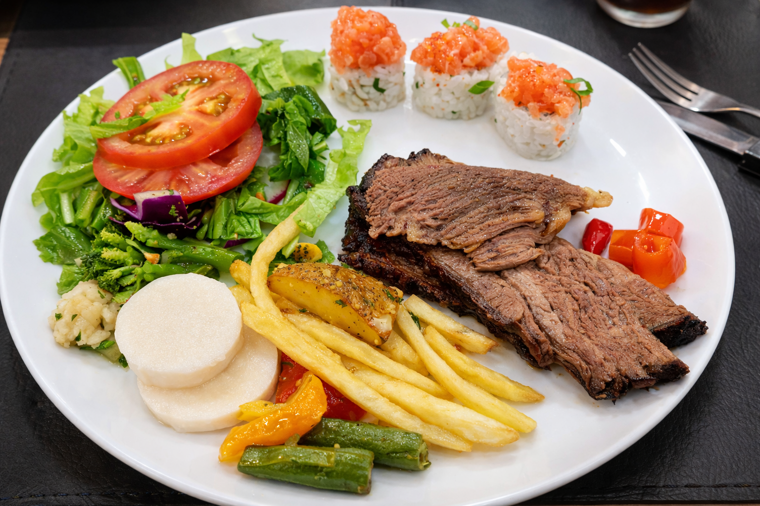 Prato montado com carne, salada, fritas e acompanhamentos
